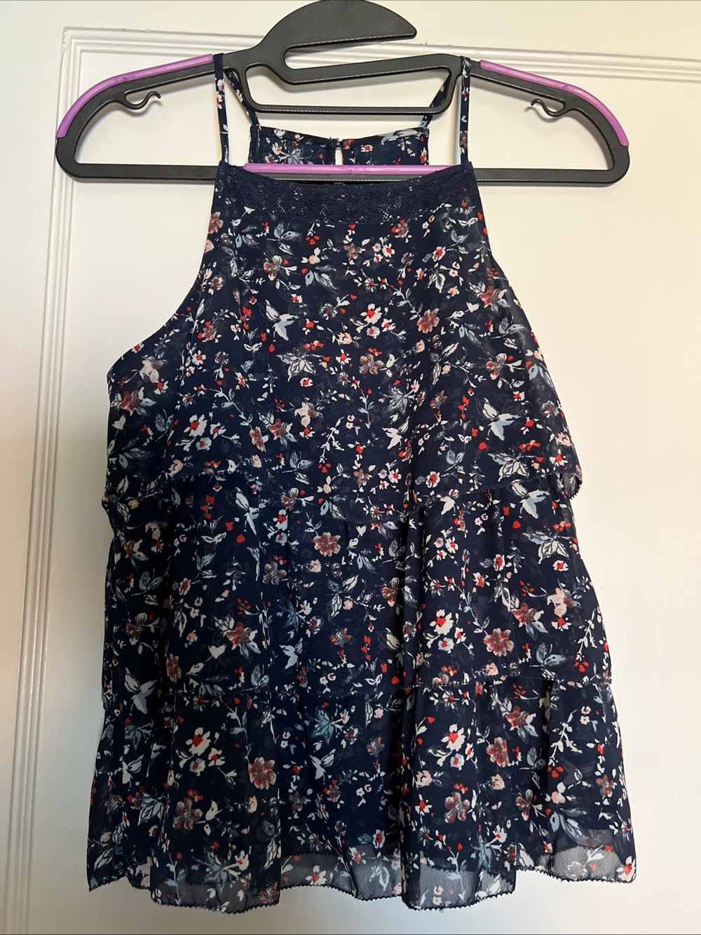 Abercrombie Fitch A&F Floral Ruffle Halter Top Navy Blue XS